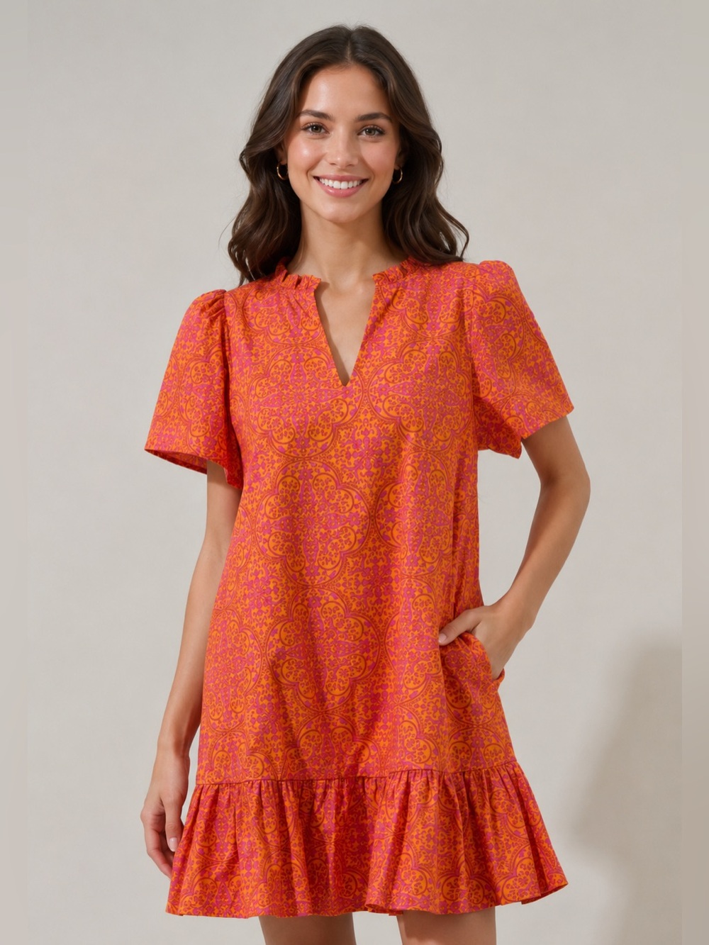 NWOT Sugarlips Size XS Orange and Pink Paisley Mini Ruffle V Neck Dress Women